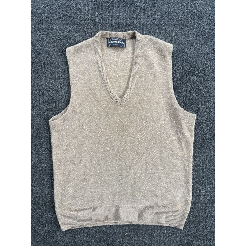 Vintage Robert Bruce Sweater Vest Size S Tan Knit V-Neck Made‎ in USA